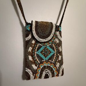 NWT Beaded Boho Brown and Turquoise Crossbody Bag Long Strap Small Purse